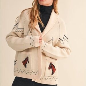 Cream Shawl Collar Sweater with Horse Design by & Merci